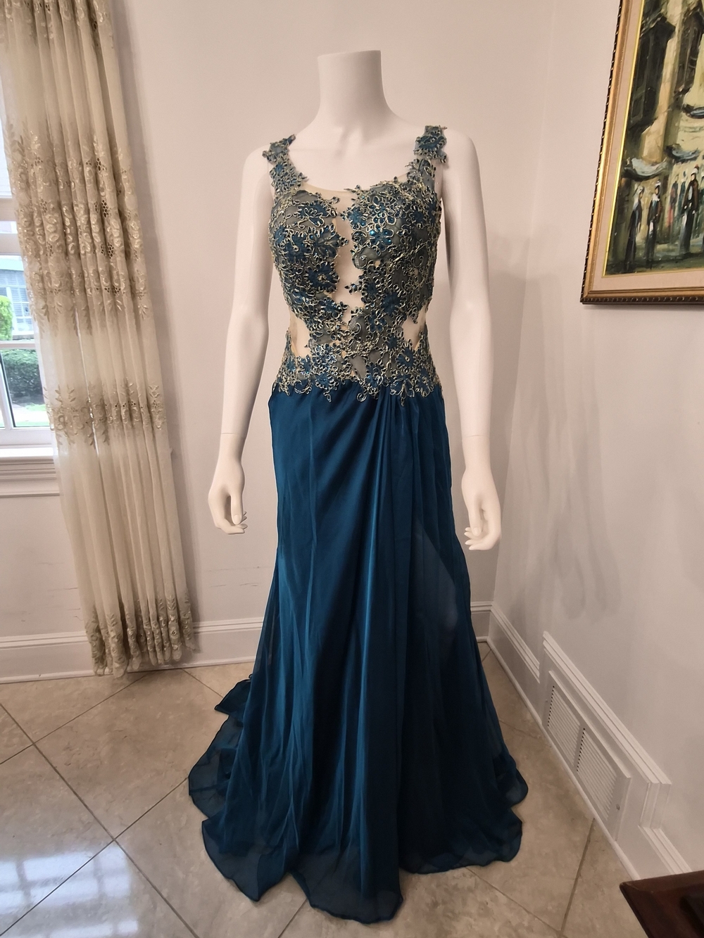 Mac Duggal Teal Embroidered Illusion Bodice Chiffon Gown